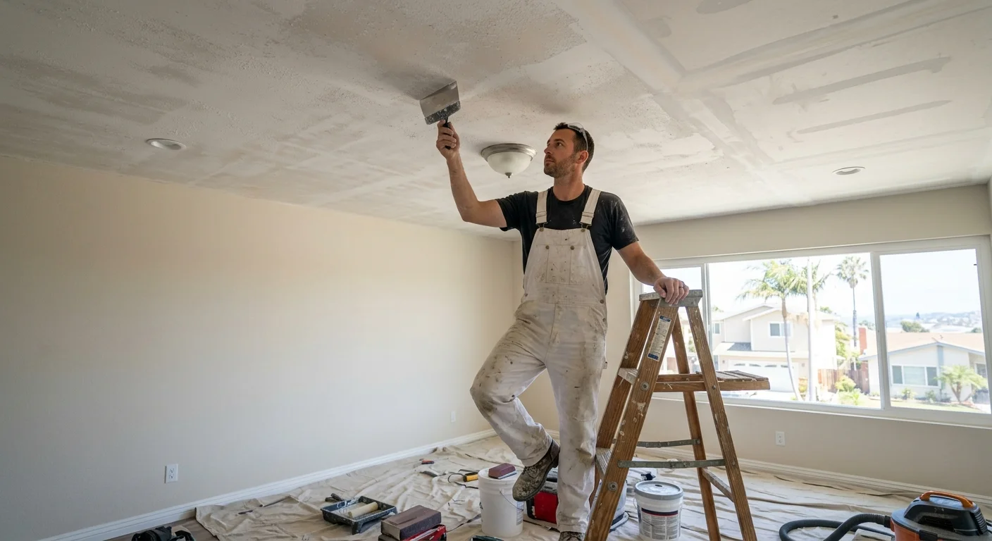 Painter inspecting a San Diego ceiling after popcorn texture removal
