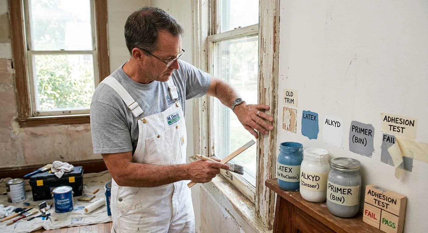 Painter inspecting old trim beside latex and alkyd samples