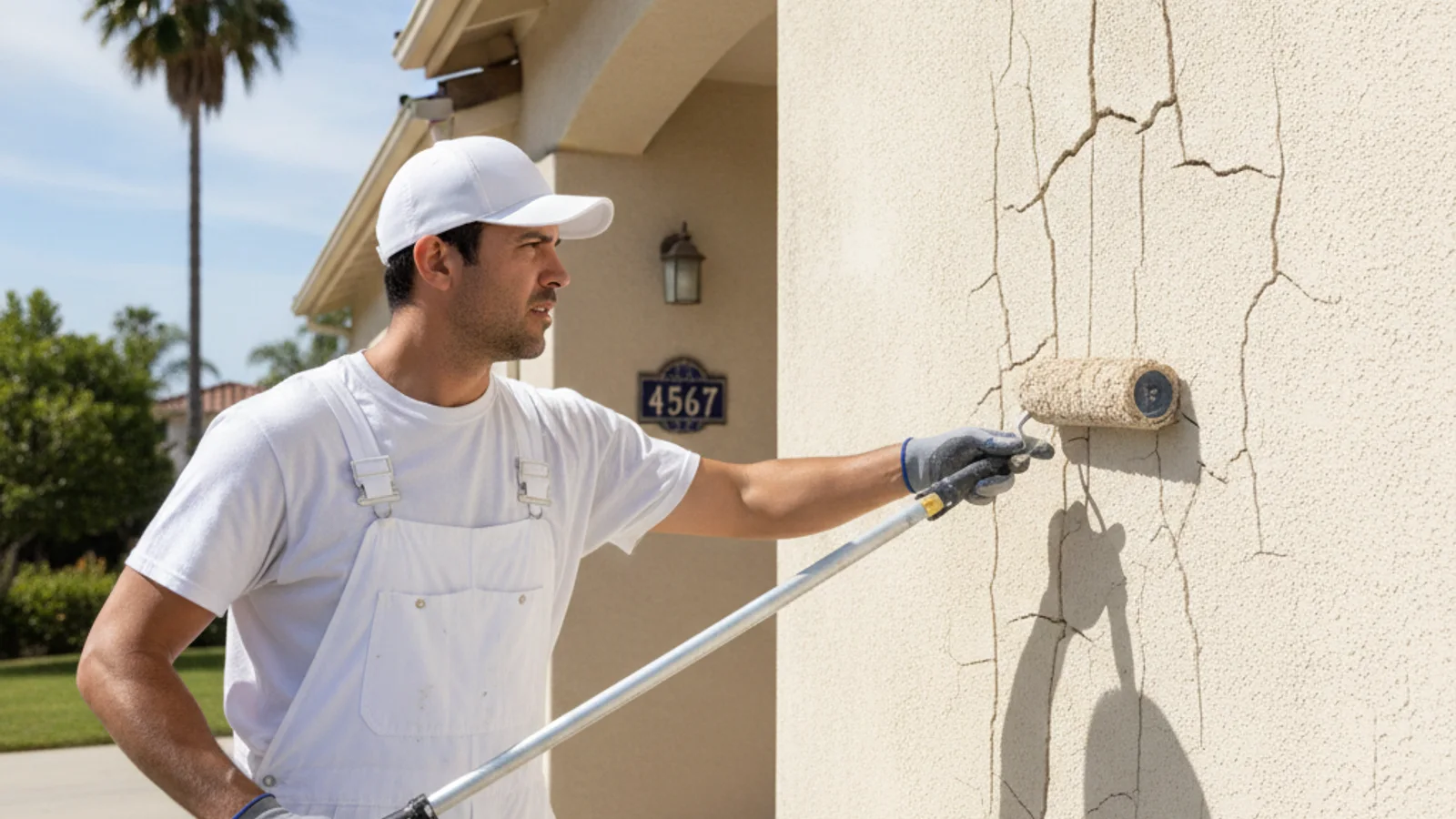 A close view of blocky alligator cracking on exterior paint with an independent painter inspecting the coating layers