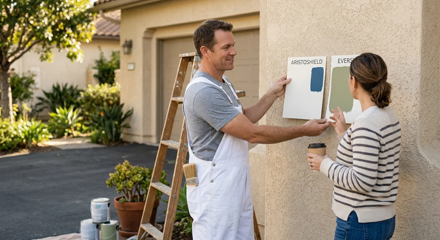 Homeowner and painter comparing Aristoshield and Evershield samples on San Diego stucco