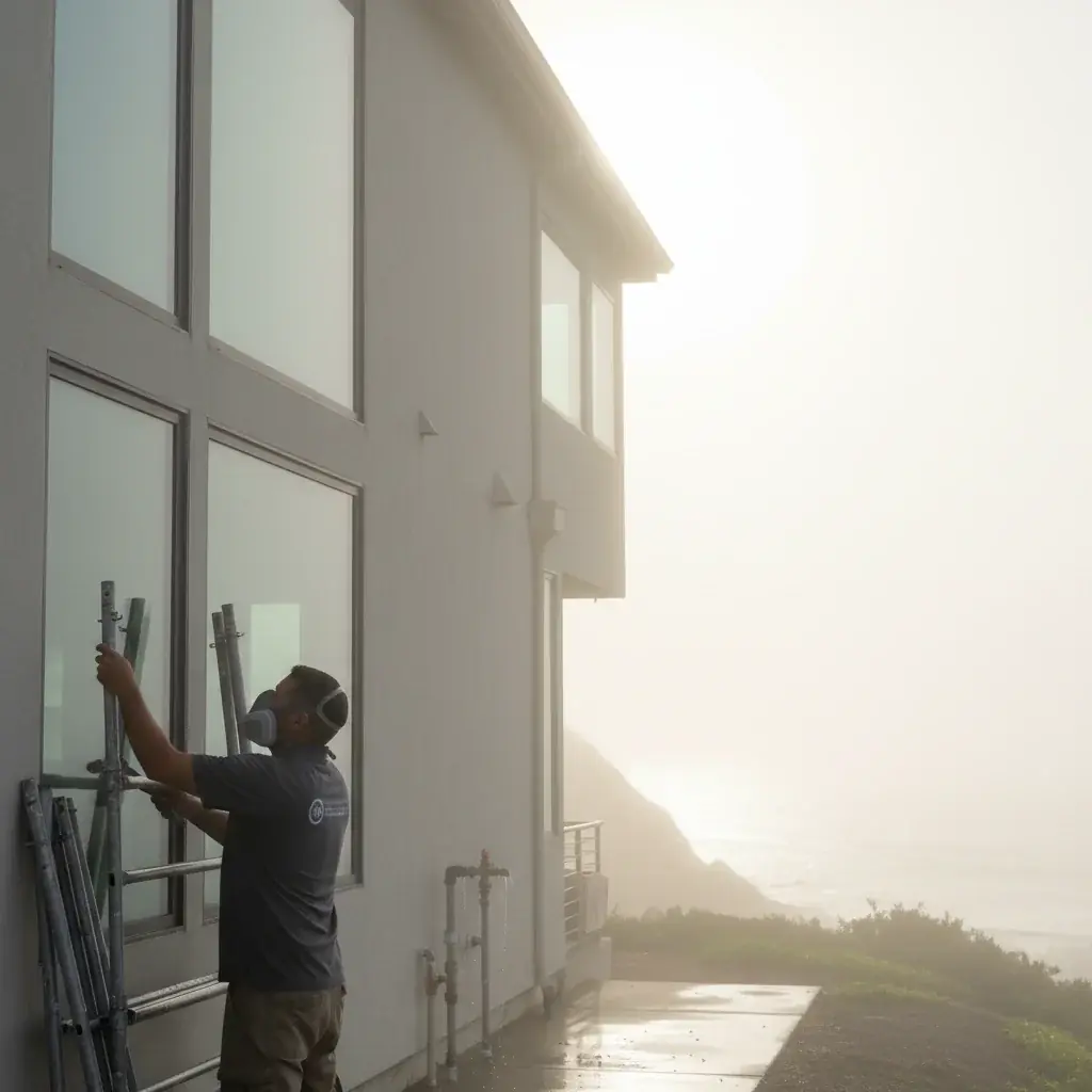 A painter working on a San Diego County exterior repaint under a clear coastal sky.
