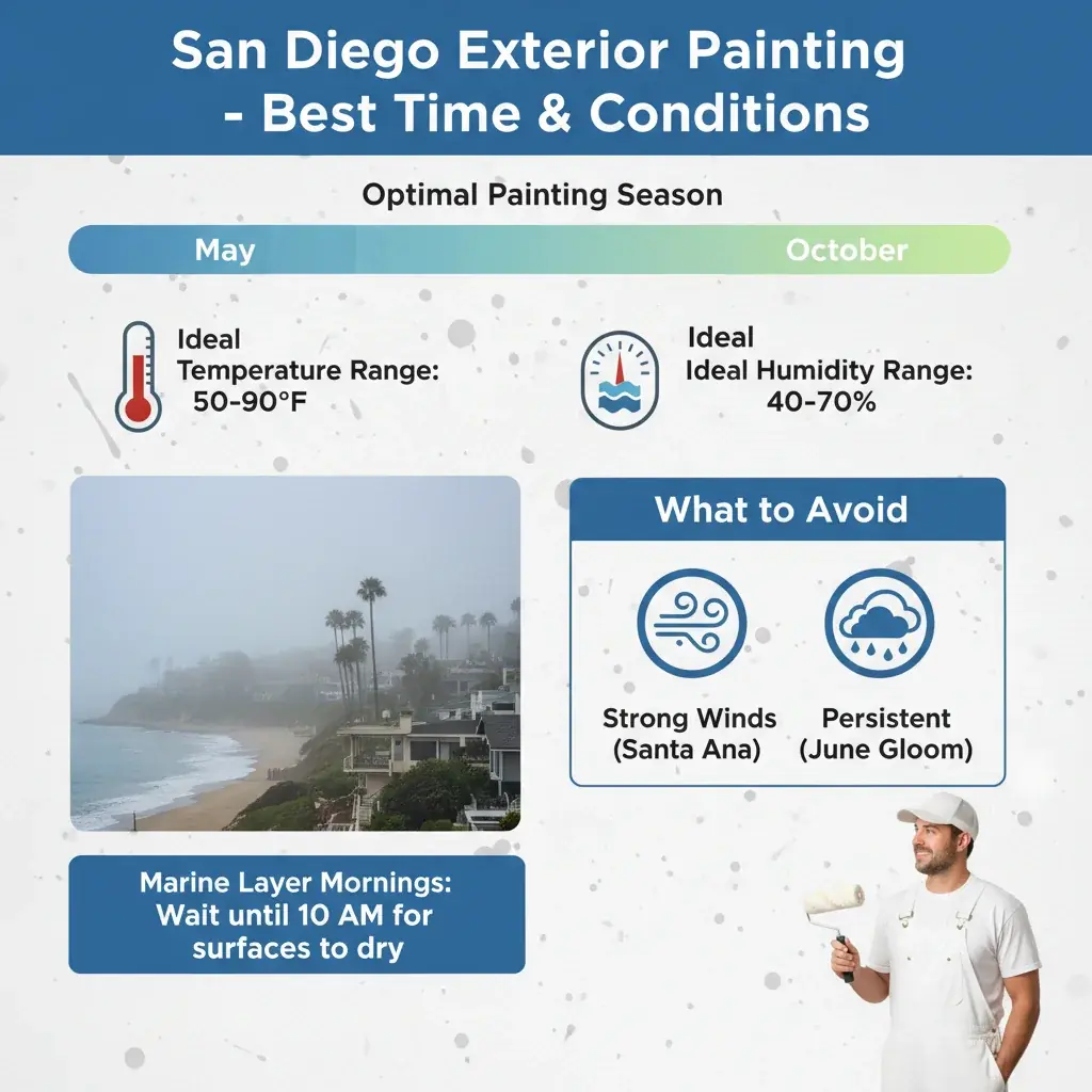 Infographic illustrating ideal temperature and humidity ranges, along with peak painting months for San Diego.