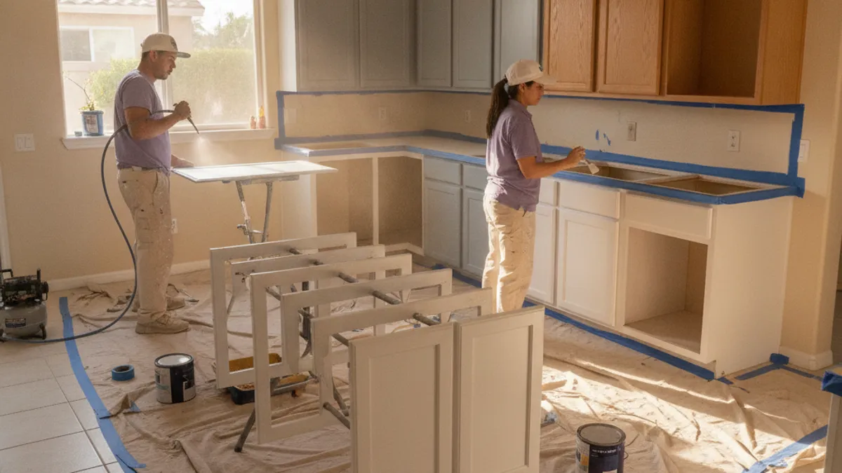 A Poway kitchen with oak cabinets partway through a repaint, drop cloths on the floor and doors drying on a rack.