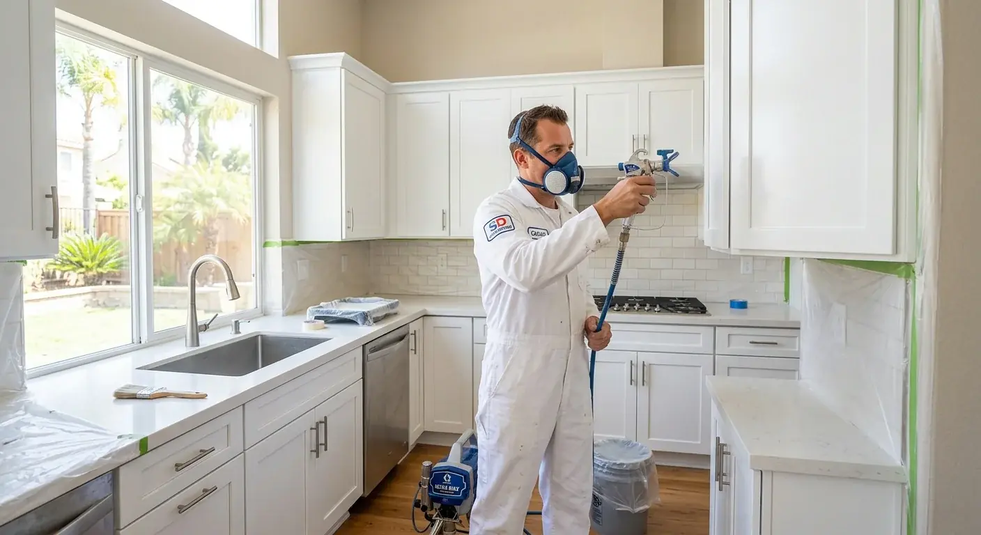 Freshly sprayed white shaker cabinets in a San Diego kitchen with a Paint Pros San Diego painter staging doors for reinstall.