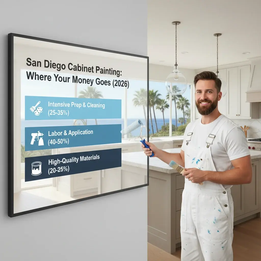 Infographic showing a breakdown of San Diego cabinet painting costs by factors like cabinet count, prep work, and finish type, with average price ranges.