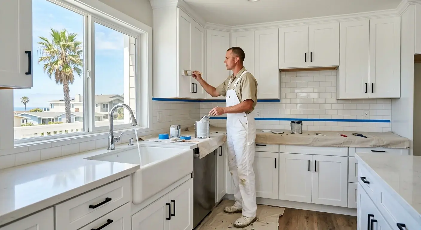 A bright, coastal-style kitchen in an Oceanside, CA home with freshly painted white shaker cabinets. The view through a window shows a palm tree.