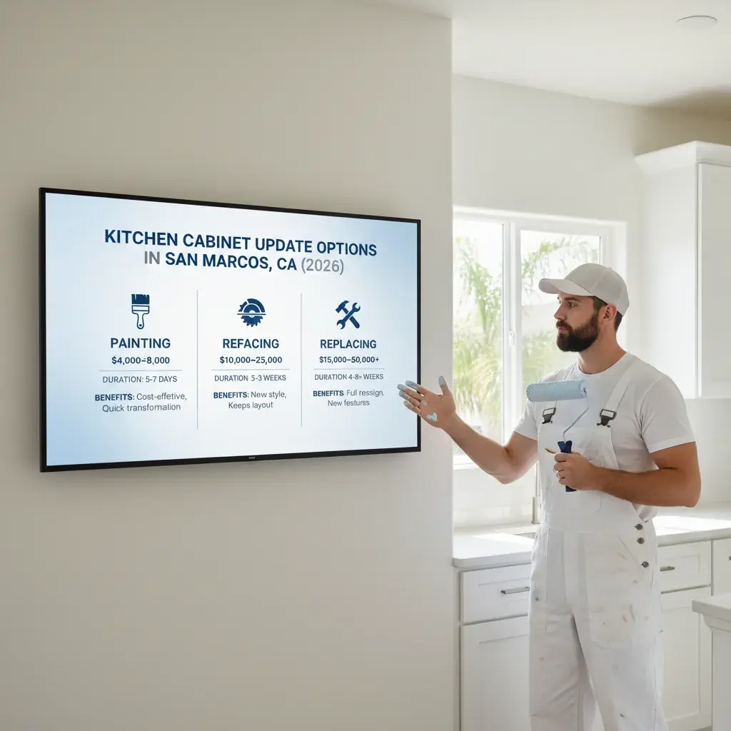 Infographic comparing costs and timelines for cabinet painting, refacing, and replacement in San Marcos, CA.