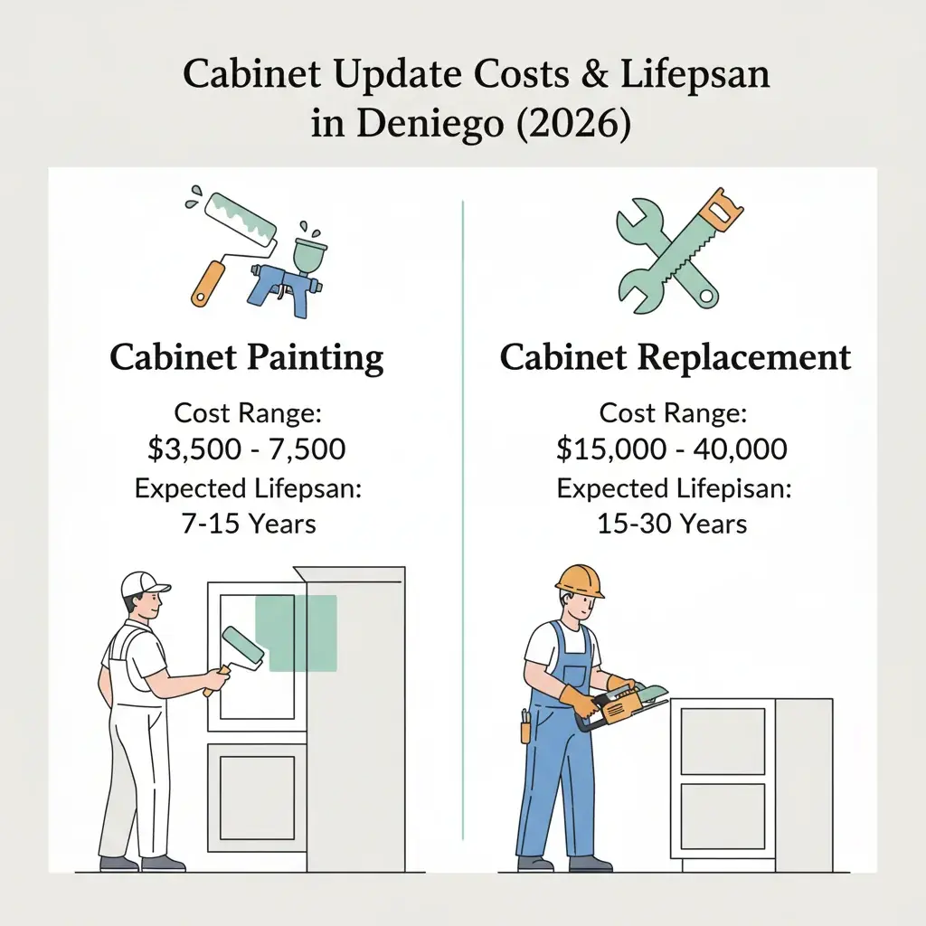 Infographic comparing average costs and lifespan for cabinet painting ($3,500-$7,500, 7-15 years) versus replacement ($15,000-$40,000, 15-30 years) in San Diego.