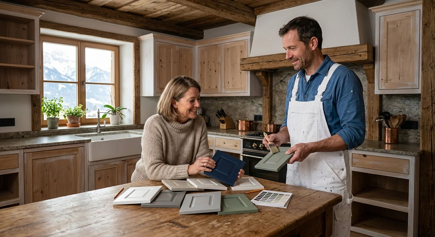 Alpine homeowner reviewing cabinet door samples with an independent painter