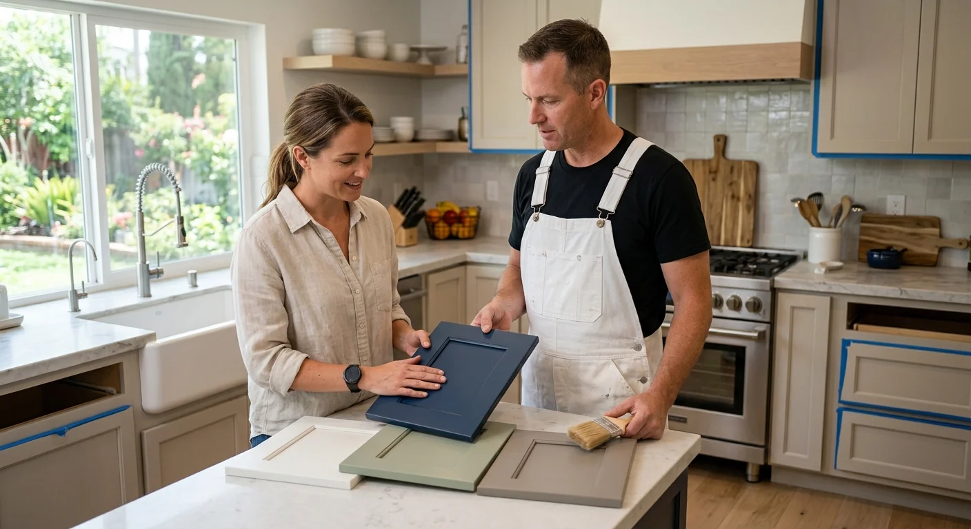Bonita homeowner reviewing cabinet door samples with a painter