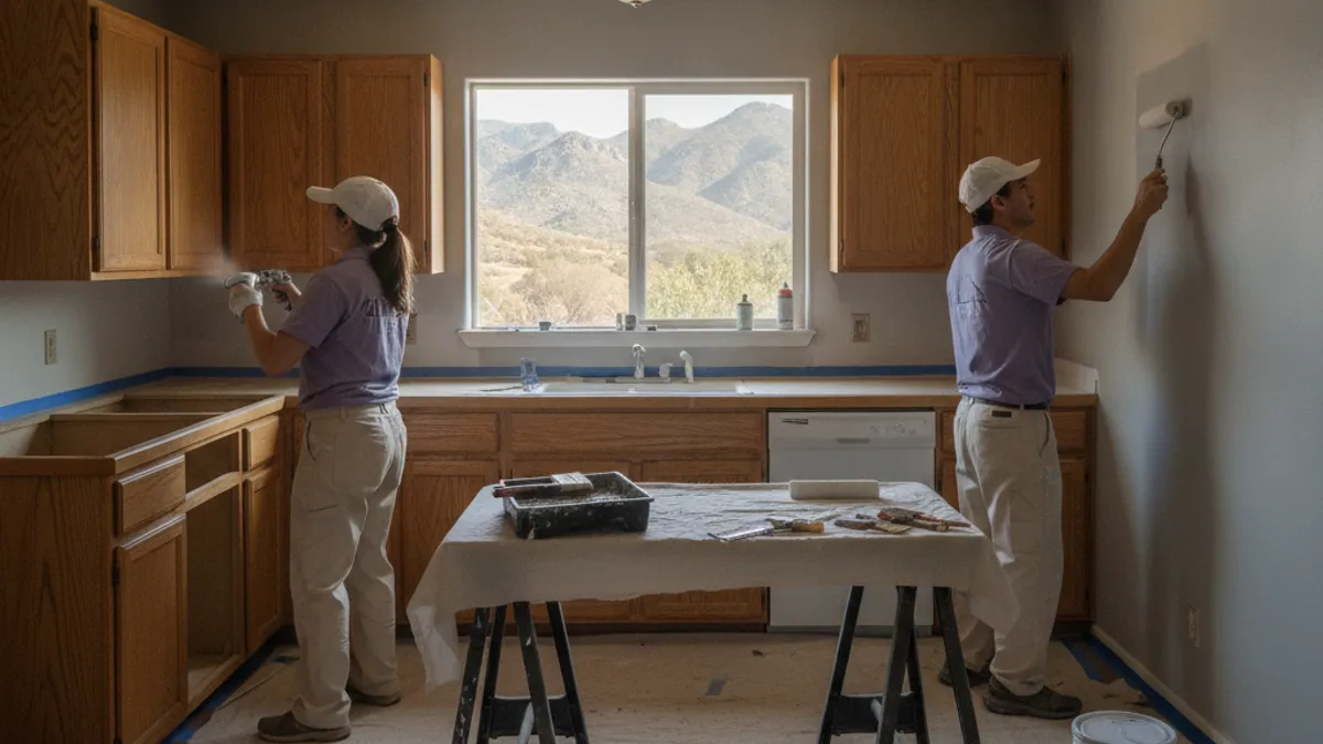 A rural Harbison Canyon kitchen with oak cabinets partway through refinishing, mountain scrub visible through the window.