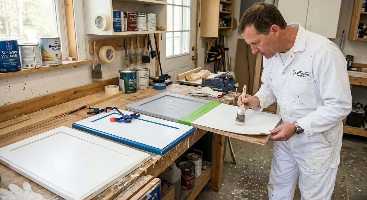 Cabinet painter inspecting a loose edge on a laminate kitchen door