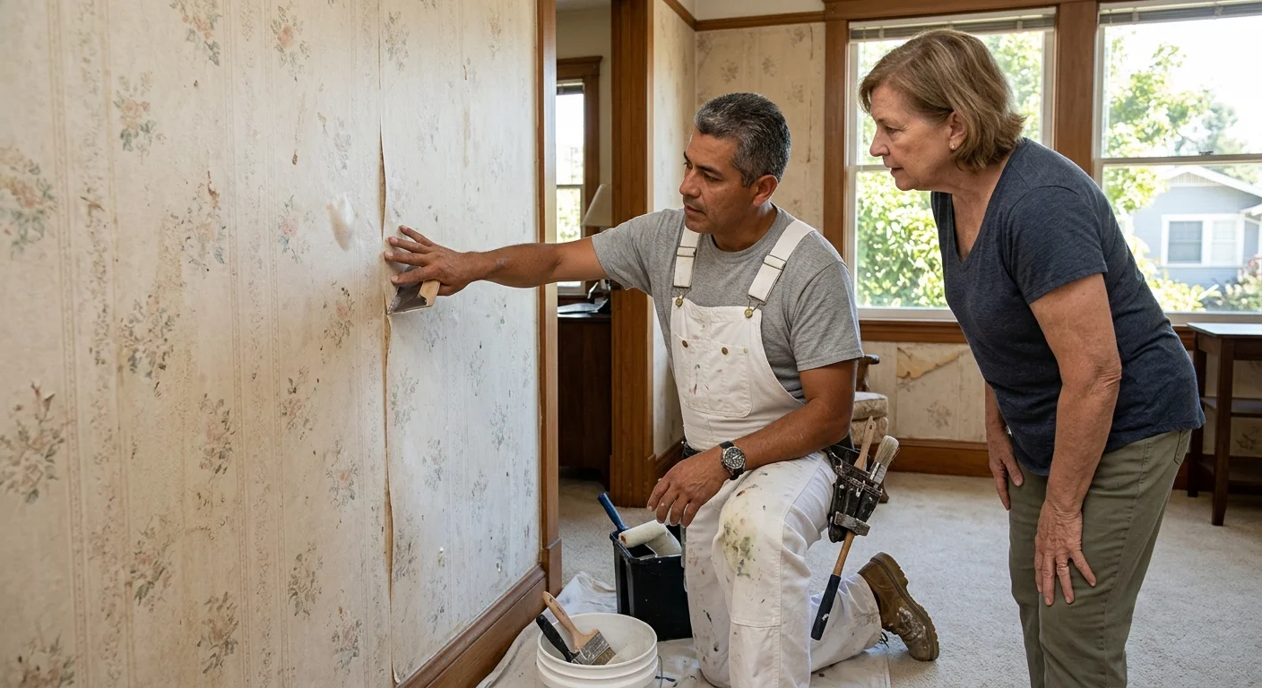 Independent painter inspecting wallpaper seams and bubbles in a San Diego home
