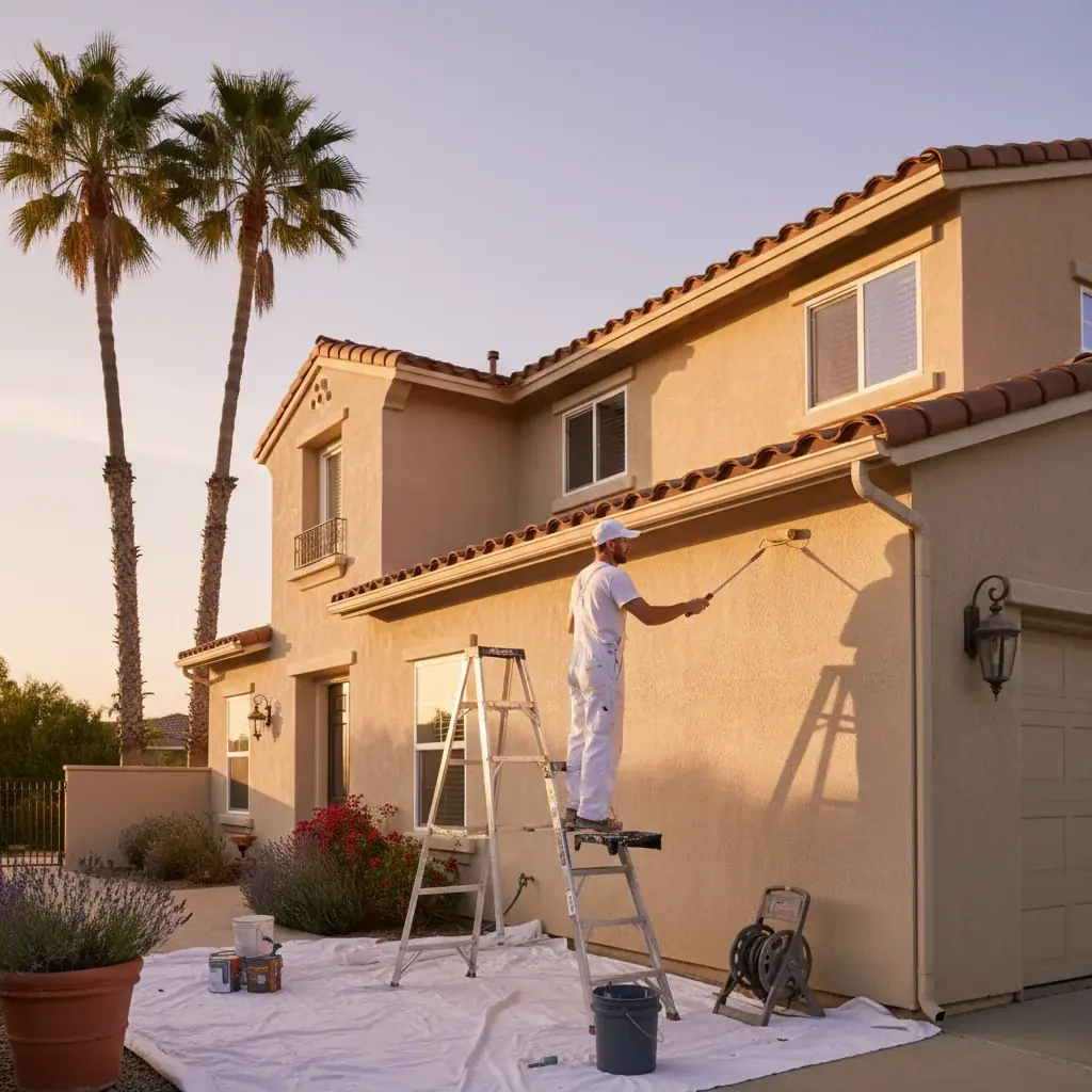 San Diego County home mid-exterior repaint with two-coat acrylic, masked windows, and a working crew on stucco.