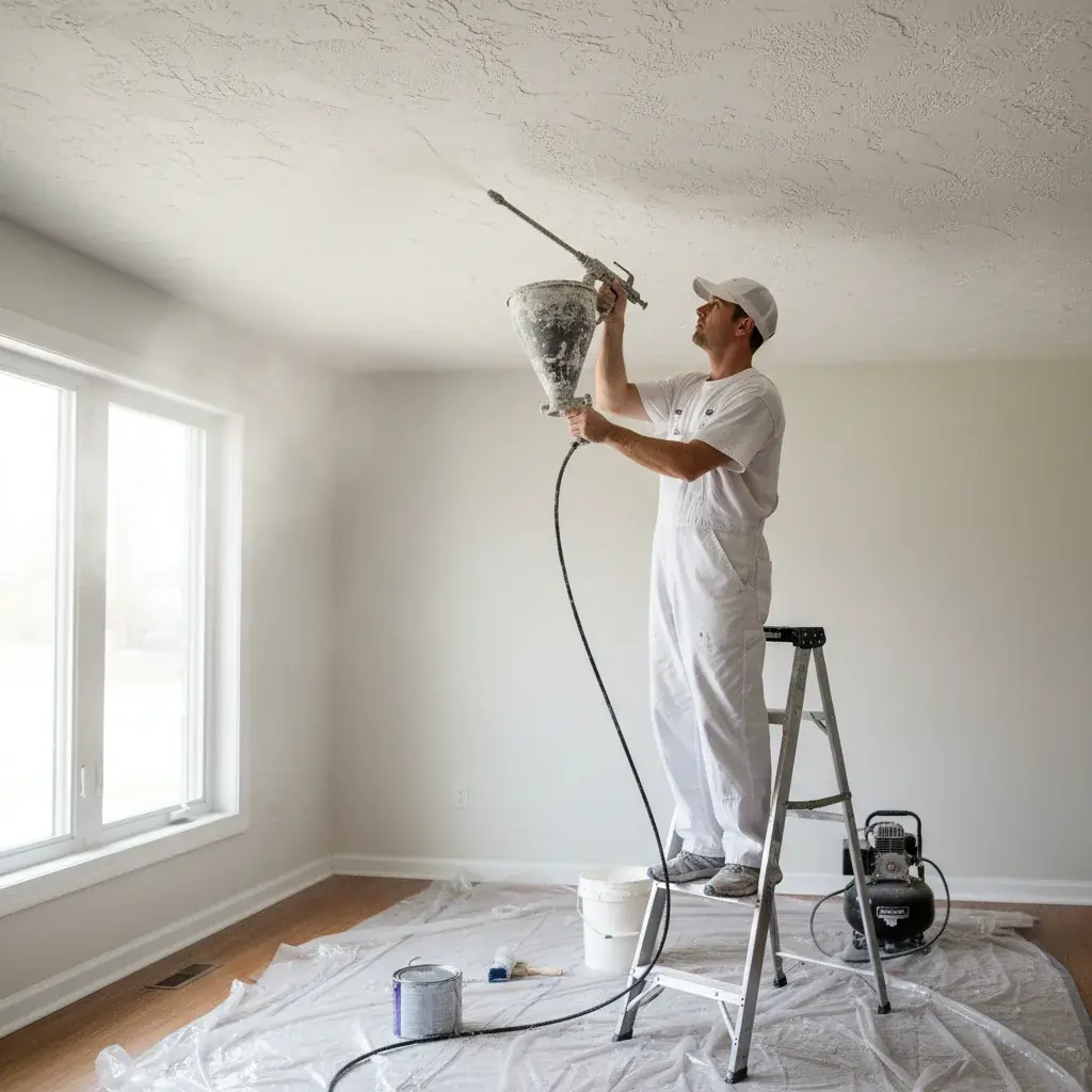 A painter using a hopper gun to apply knockdown texture to a ceiling.