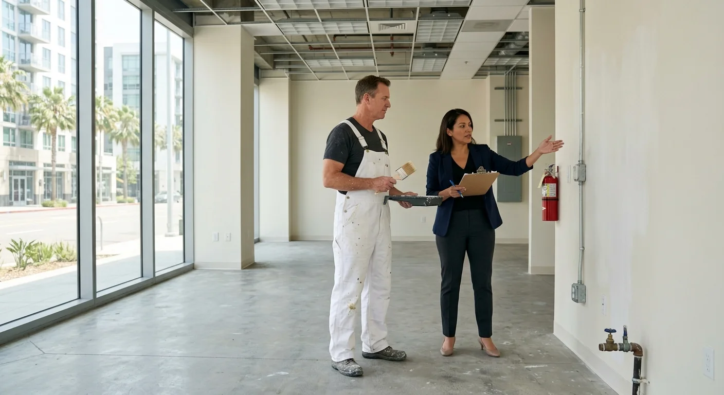 Property manager and painter reviewing a vacant San Diego tenant space