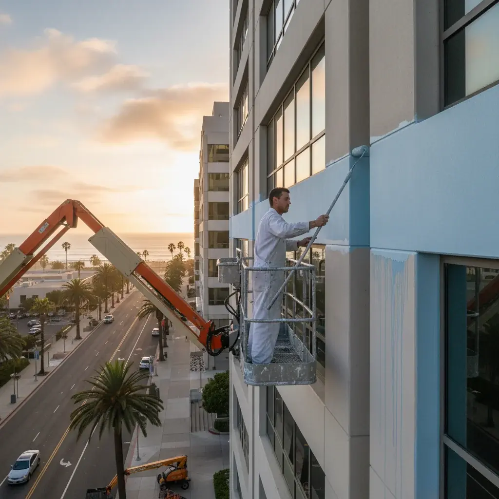 A professional commercial painter on an aerial lift paints the exterior of a modern office building in San Diego at sunrise.