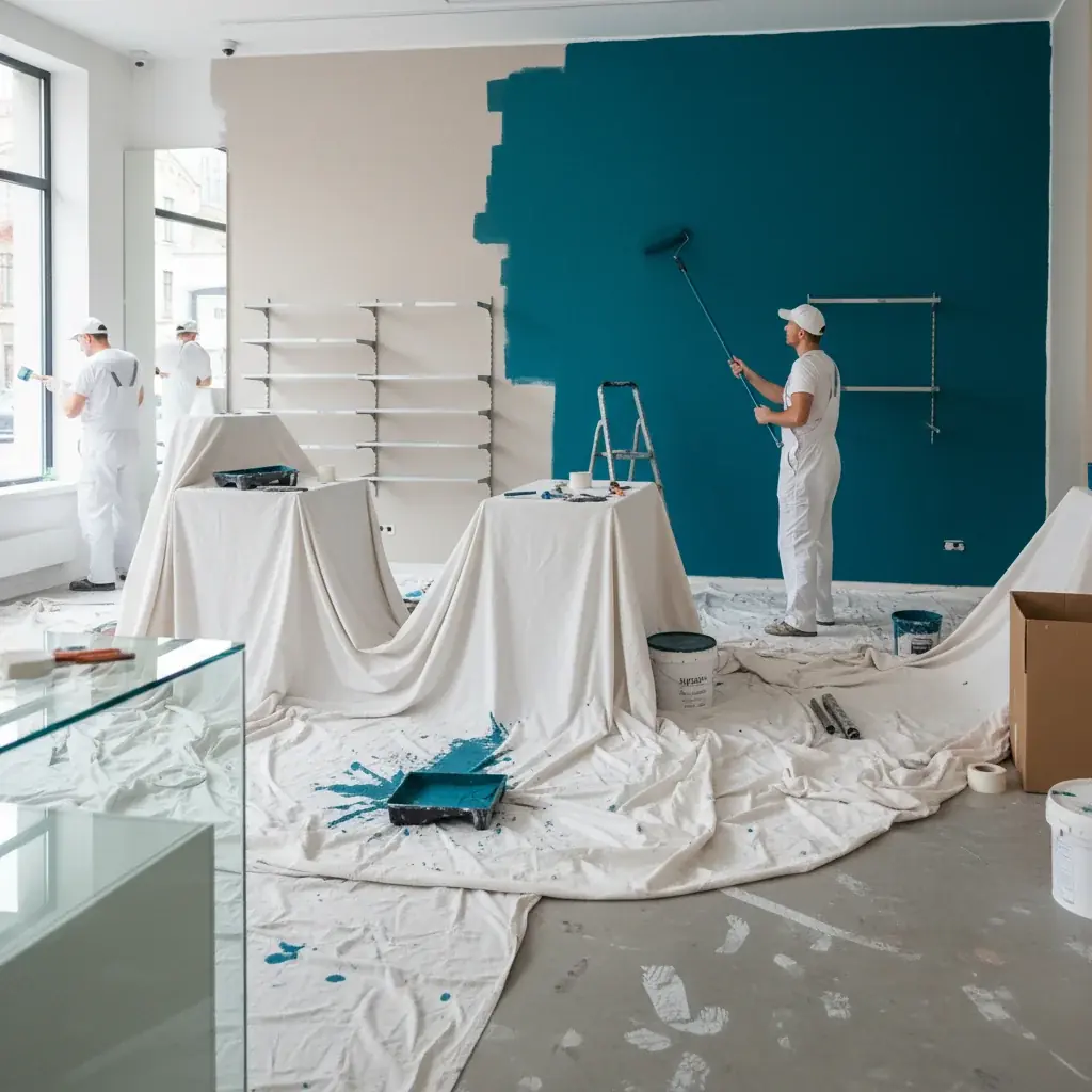 The interior of a retail store during a repaint, with protective coverings on fixtures and a newly painted accent wall.