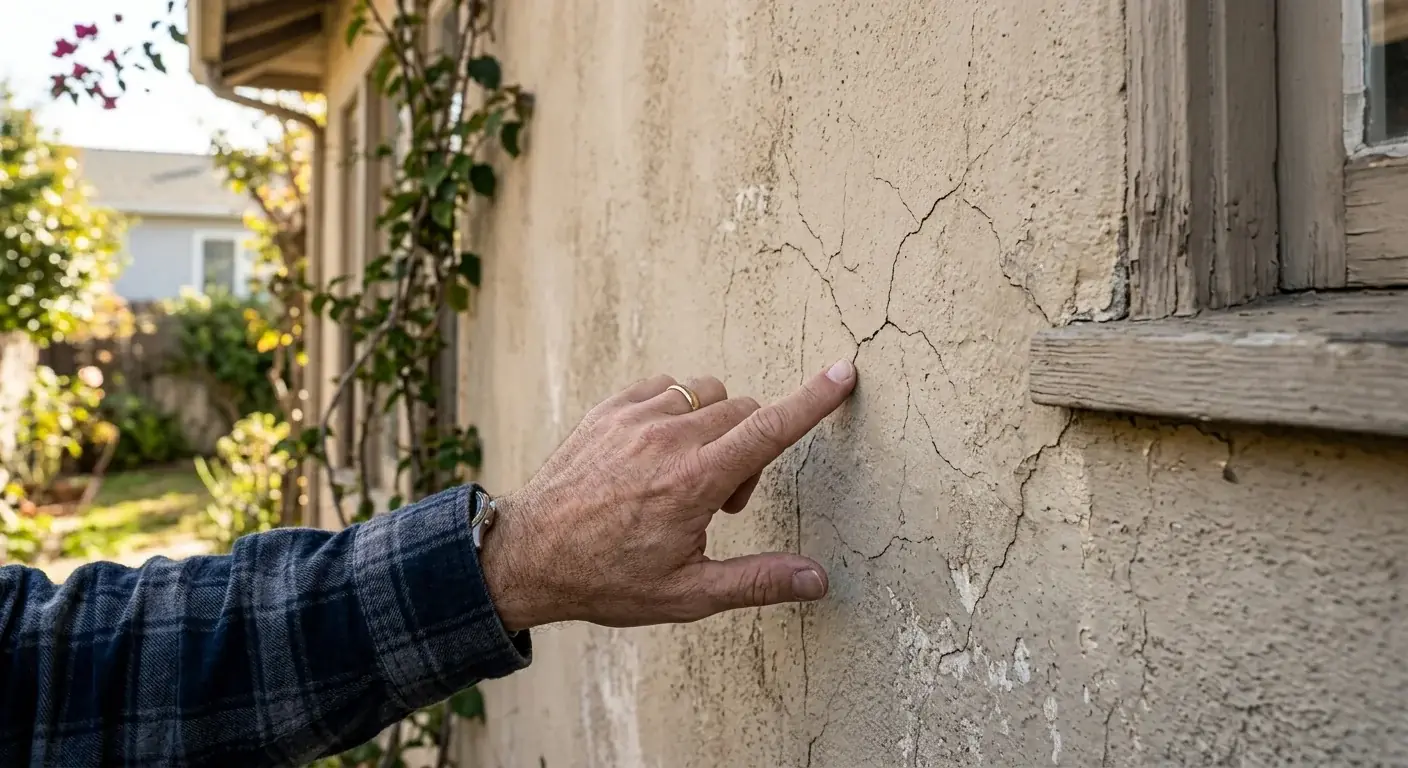A homeowner's hand pointing to hairline cracks on a faded stucco wall of a San Diego home.