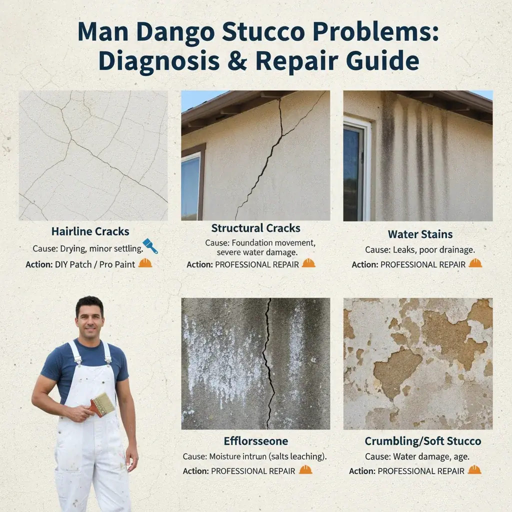 An infographic comparing common stucco problems on San Diego homes: hairline cracks, structural cracks, water stains, efflorescence, and crumbling stucco, indicating when each requires professional repair versus a minor DIY fix.