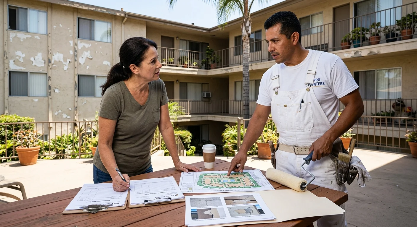 San Diego apartment owner comparing exterior painting bids and site photos