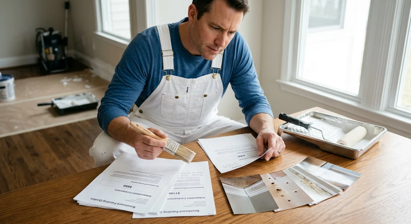 Homeowner reviewing baseboard painting quotes and trim photos