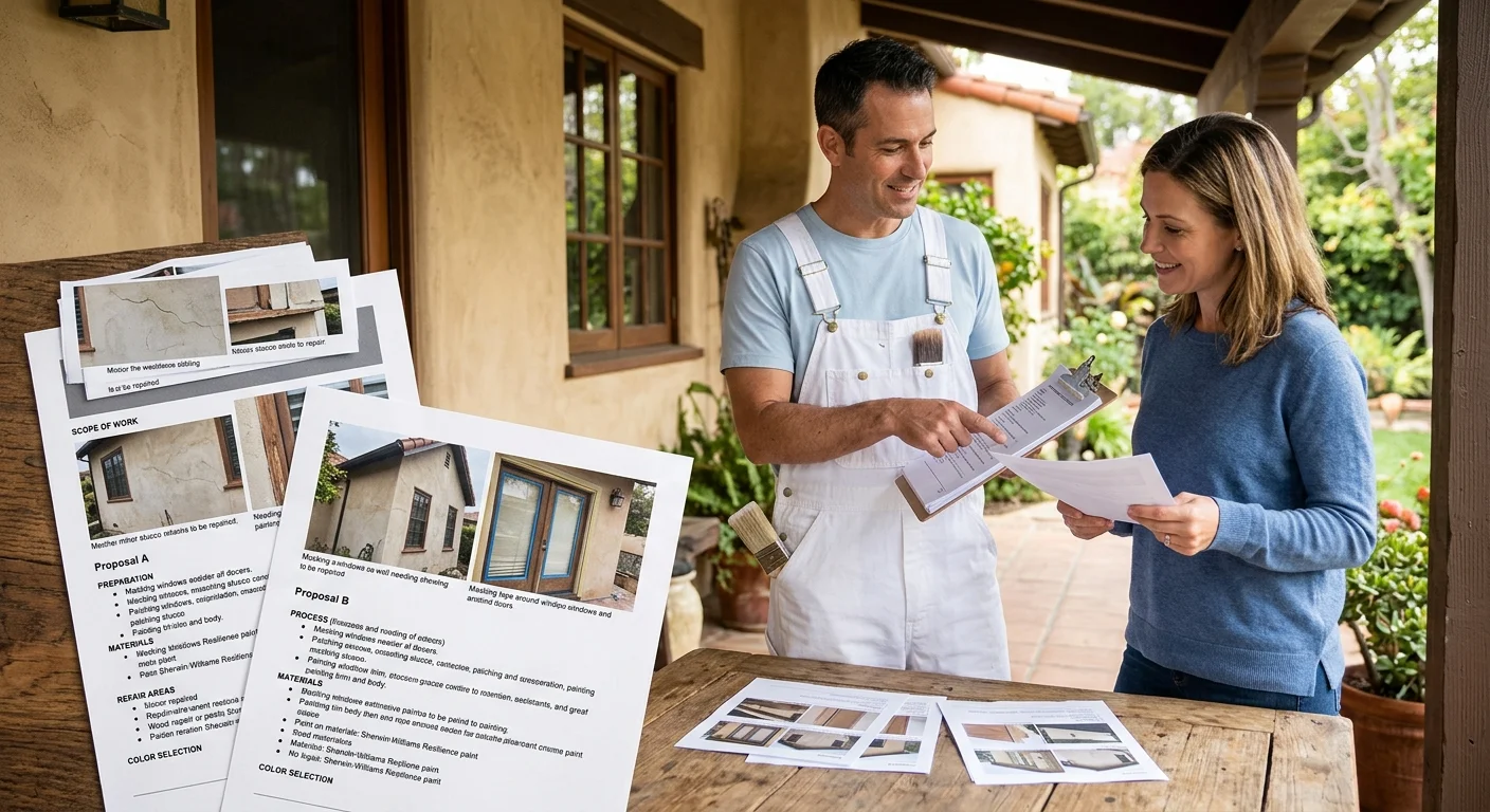 Homeowner comparing exterior painting proposals and surface photos