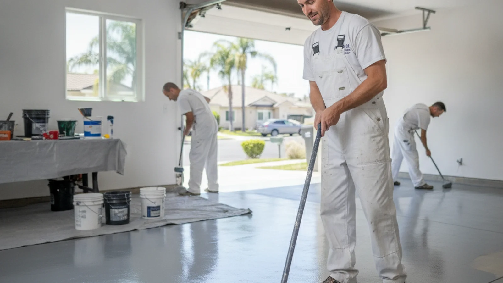 A San Diego homeowner reviewing three garage floor epoxy installer proposals next to concrete condition photos and coating samples.