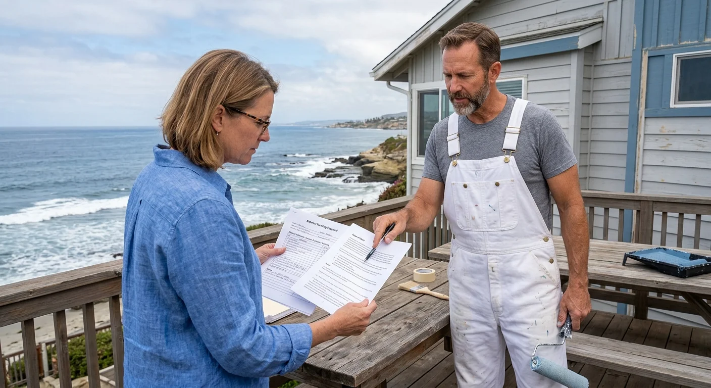 An Oceanside homeowner comparing painting proposals with a local painter
