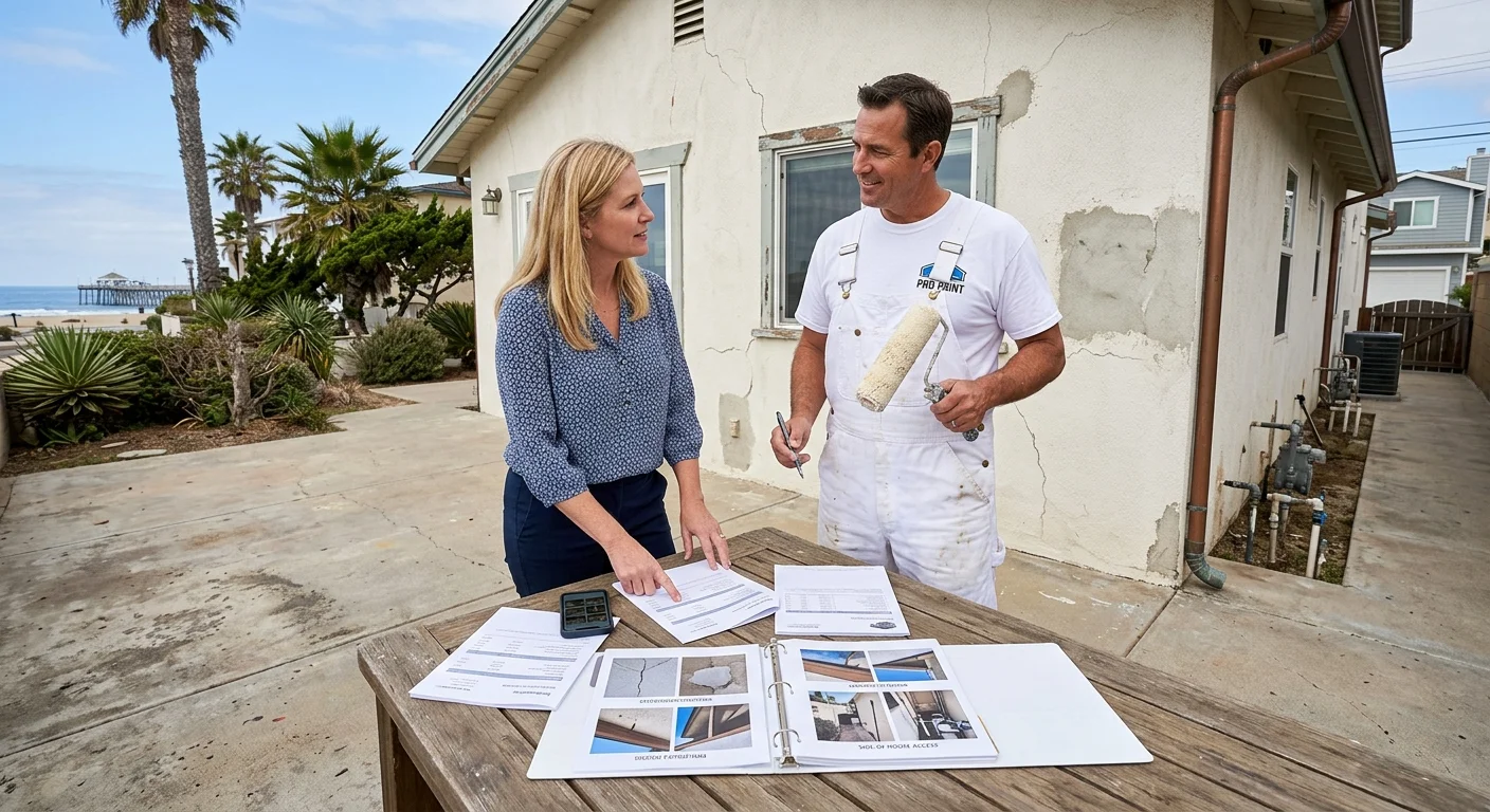 Imperial Beach homeowner comparing stucco painting proposals and repair photos
