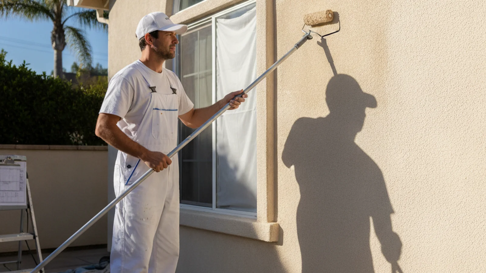 A San Diego homeowner comparing detailed stucco painting proposals beside photos of cracks, stains, and prepared wall sections