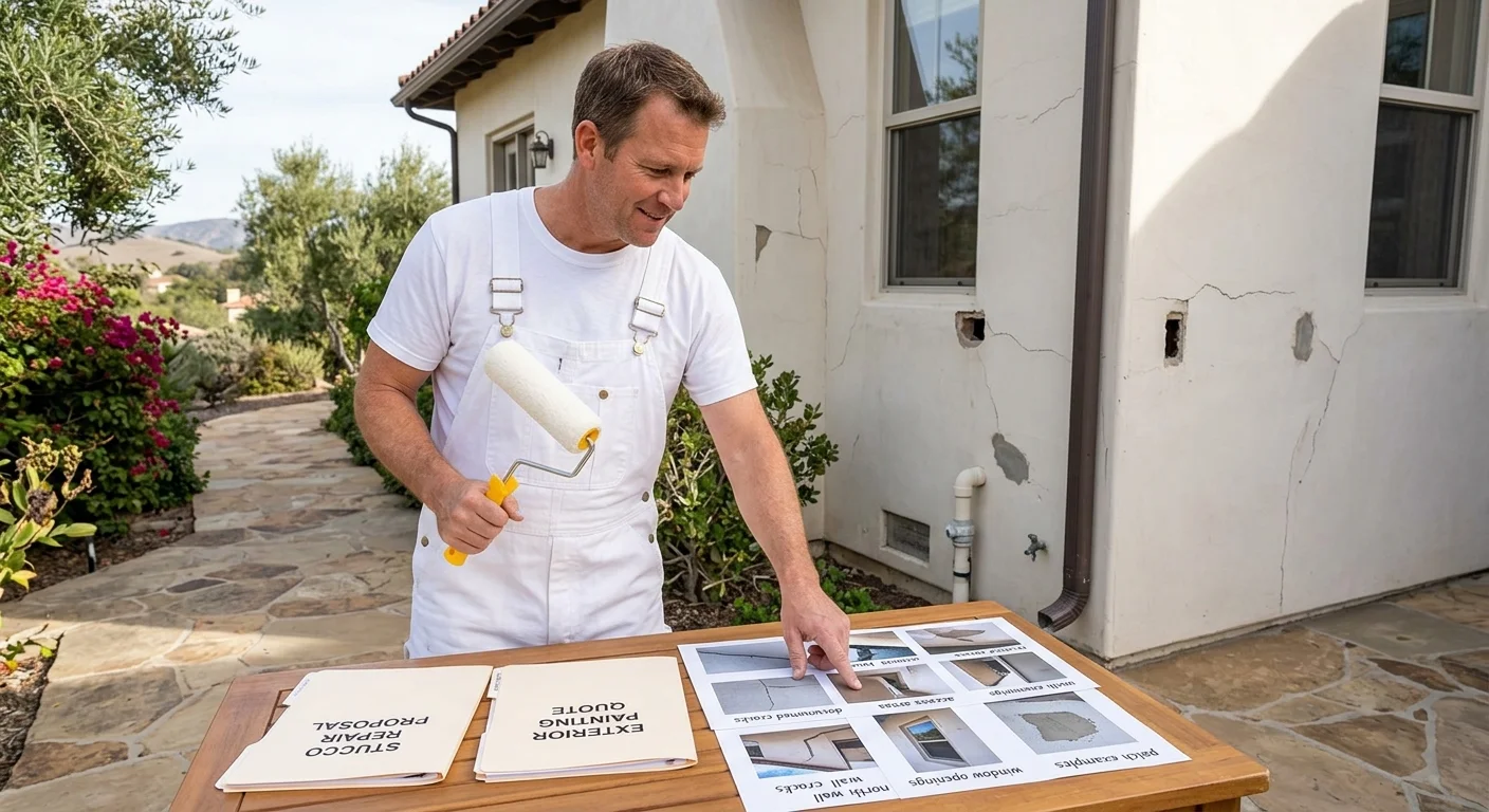 A Bonsall homeowner comparing stucco repair proposals and property photos
