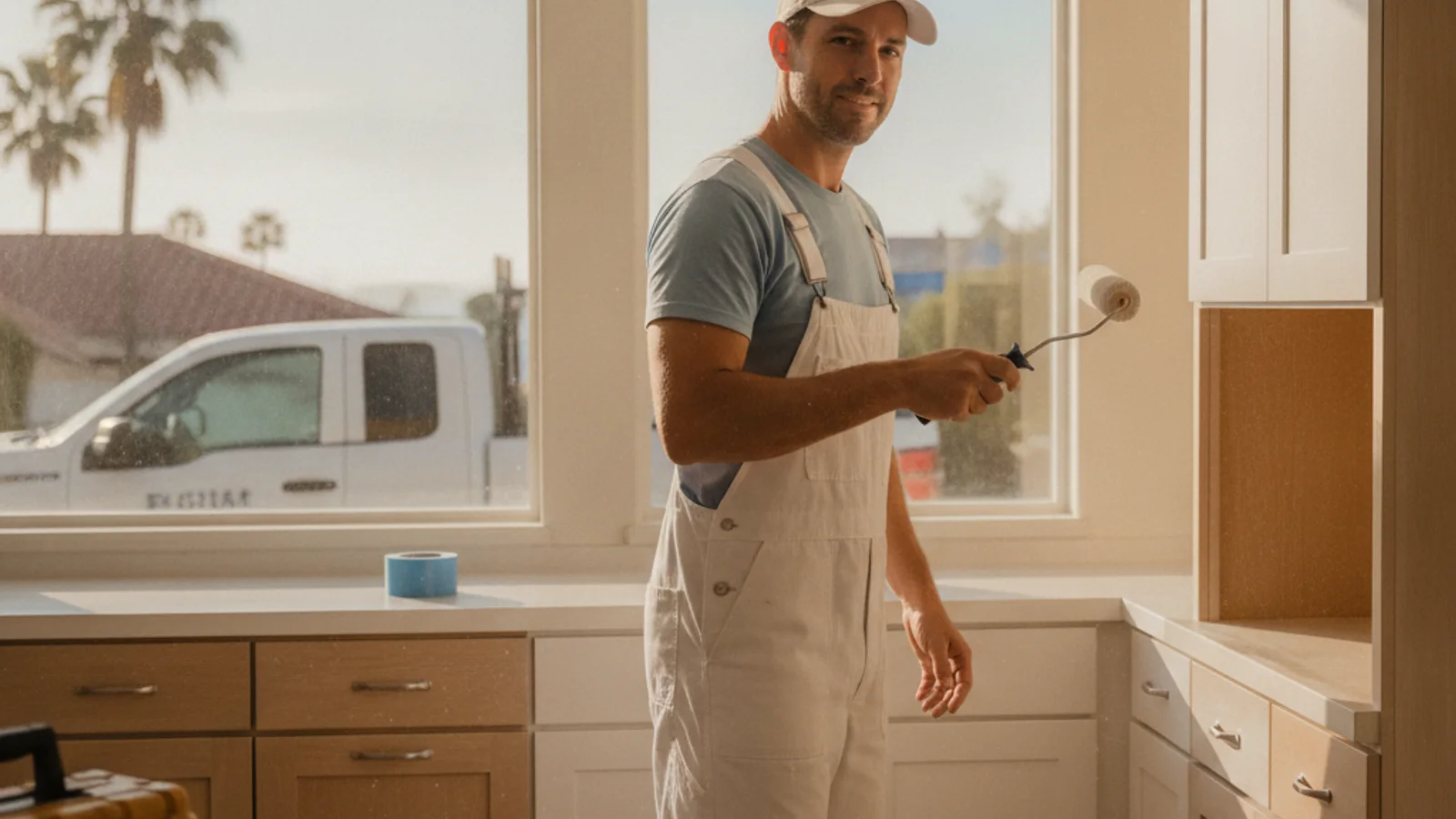 San Diego painter rolling white primer onto a patch of bare stucco before the finish coat.