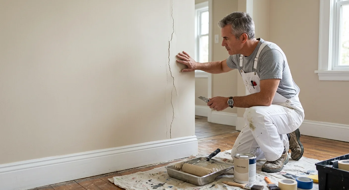An independent repair professional inspecting a recurring drywall crack through fresh paint