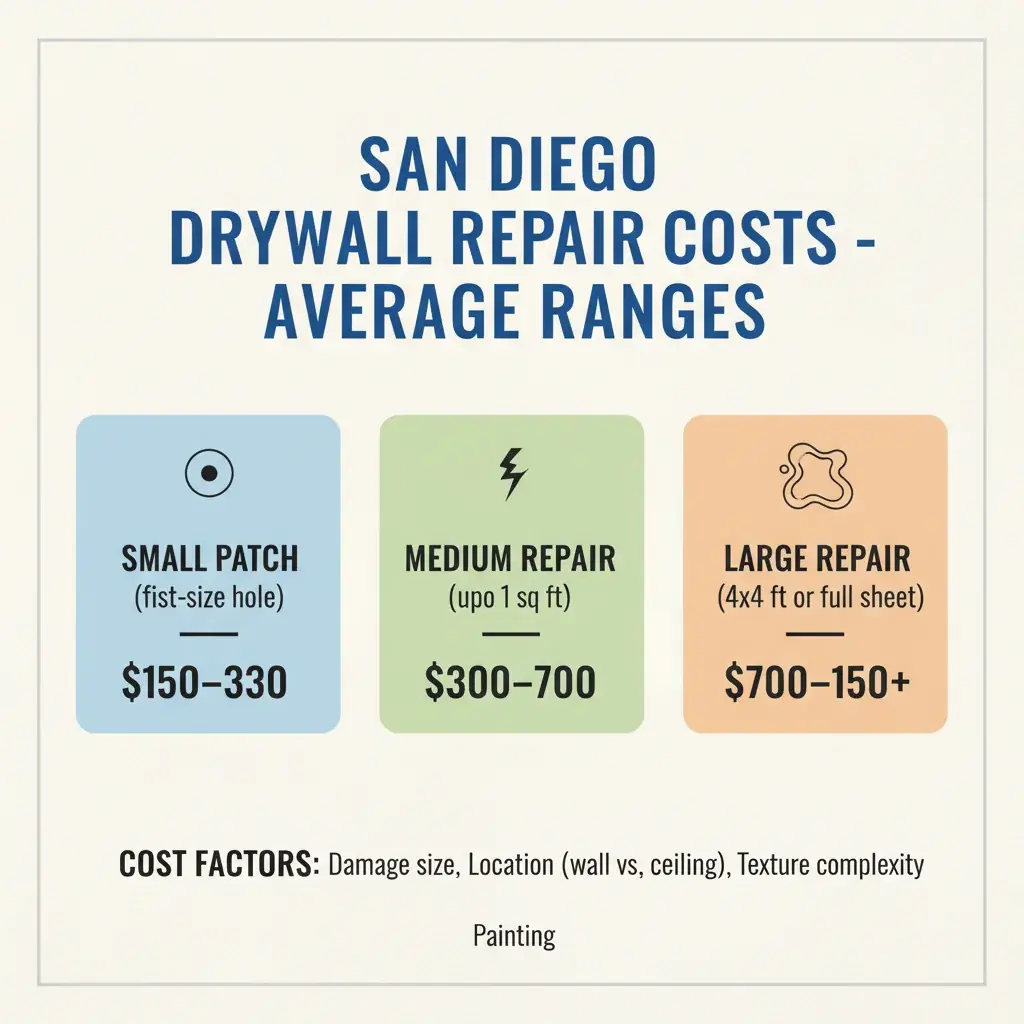 Infographic showing average costs for drywall repair in San Diego for patch, medium hole, and full sheet replacement, including texture matching.