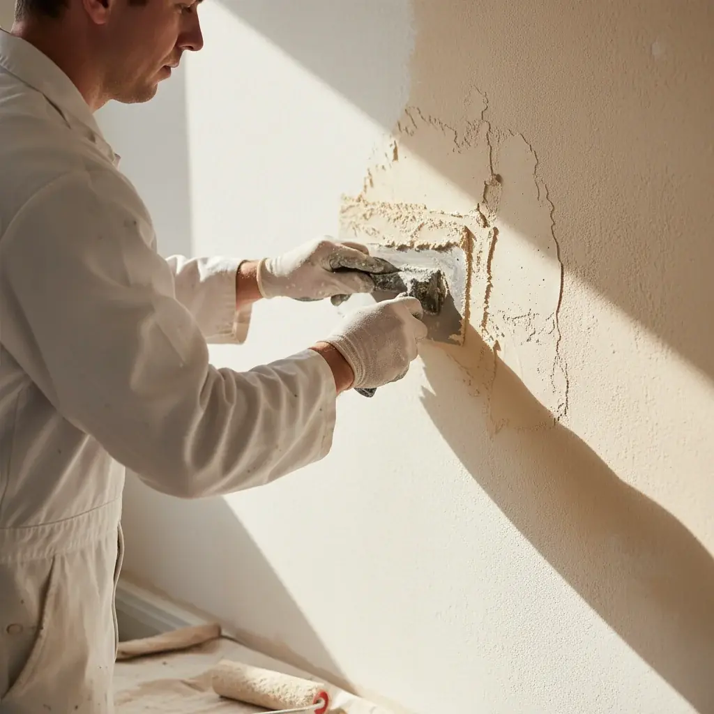 Close-up of a freshly textured knockdown patch blending into existing wall, side