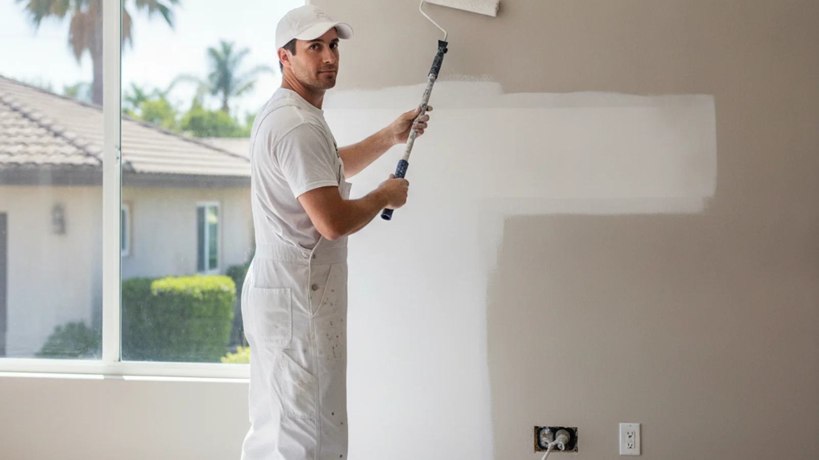 An independent painter inspecting a rectangular drywall opening left after a completed plumbing repair