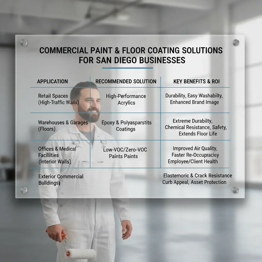Infographic showing a comparison of commercial paint and floor coating solutions for San Diego businesses, highlighting application, durability, and ROI benefits.