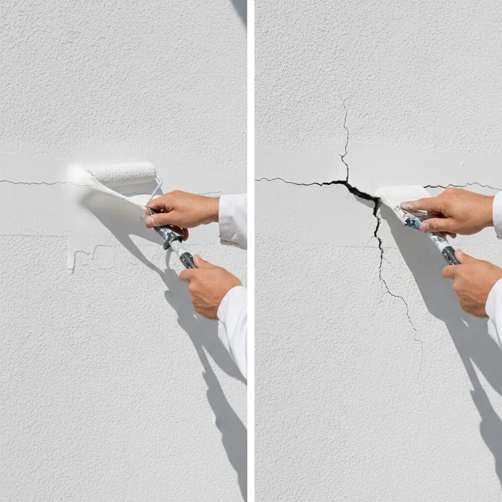Side by side comparison of elastomeric and acrylic paint applied to stucco test panels.