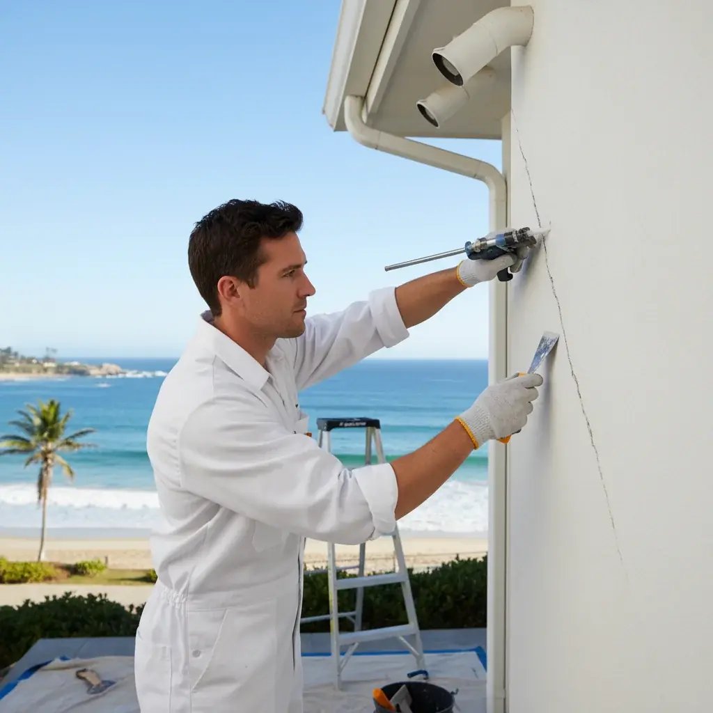 Painter caulking a stucco crack on an Encinitas home before painting.