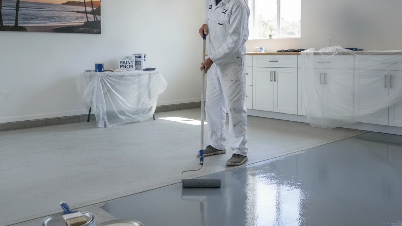 A professional installer rolling a coating onto a prepared concrete garage floor in a San Diego home, clean masked edges, no logos.