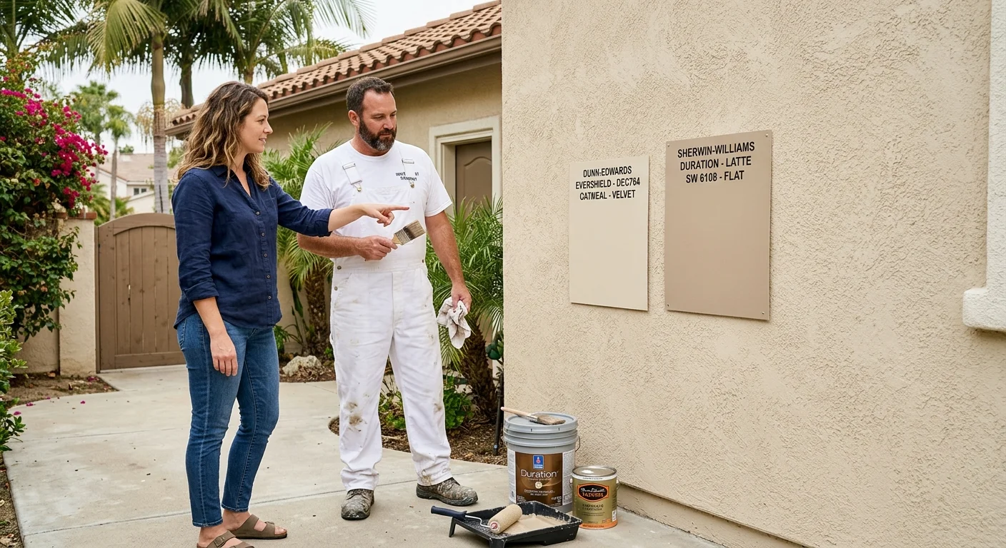 Homeowner and painter comparing Evershield and Duration boards on San Diego stucco