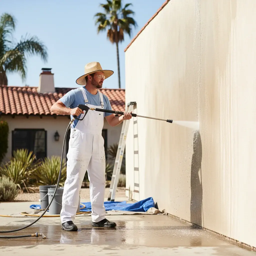 A San Diego County stucco home with freshly painted exterior in warm earth tones under an inland blue sky.