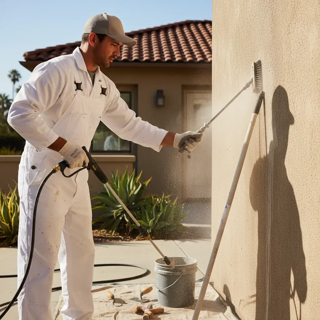 A painter sanding peeling exterior paint from a salt-corroded substrate on a Pacific Beach home.