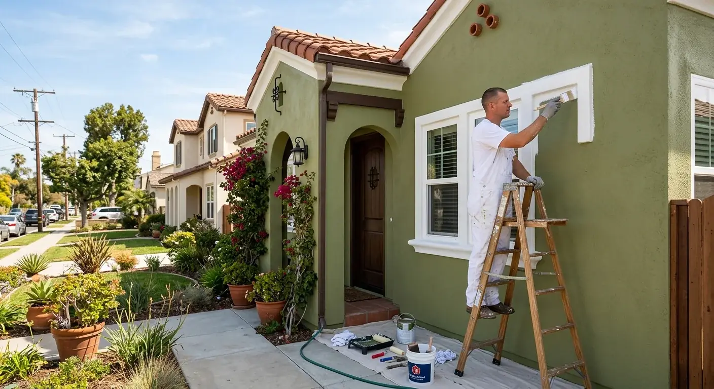 A sunny shot of a freshly painted Spanish-style home in a Chula Vista neighborhood, with a clean, modern color palette.