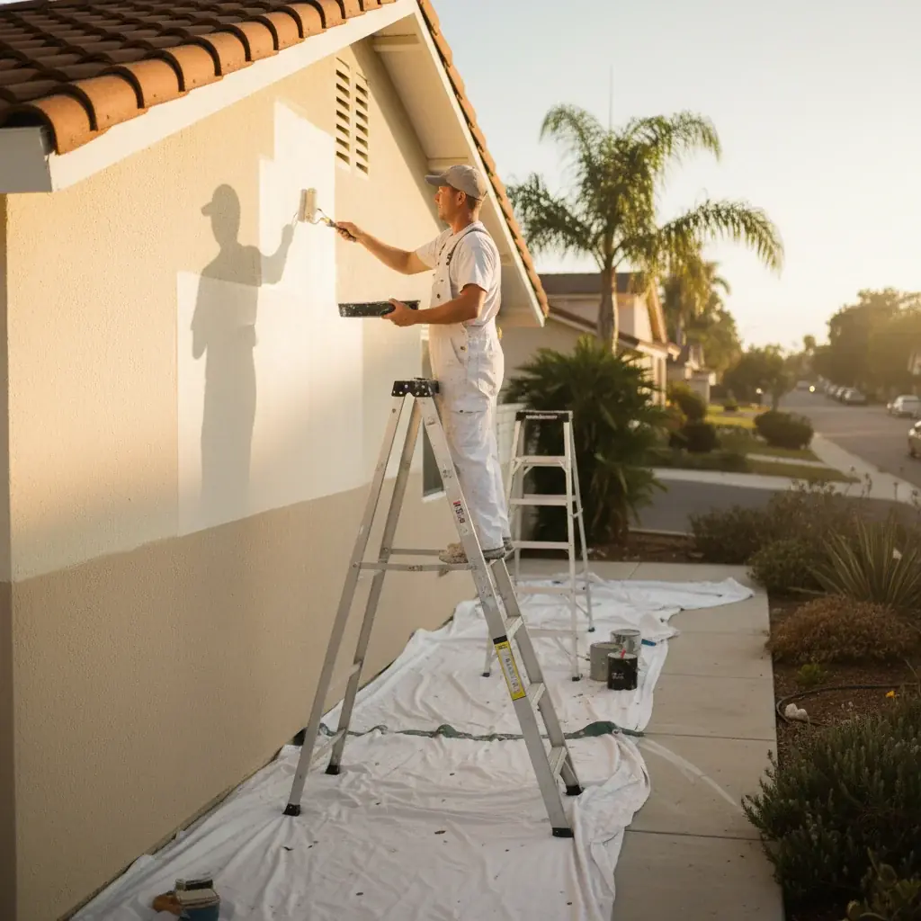 A San Diego County home being repainted by a professional painting crew.