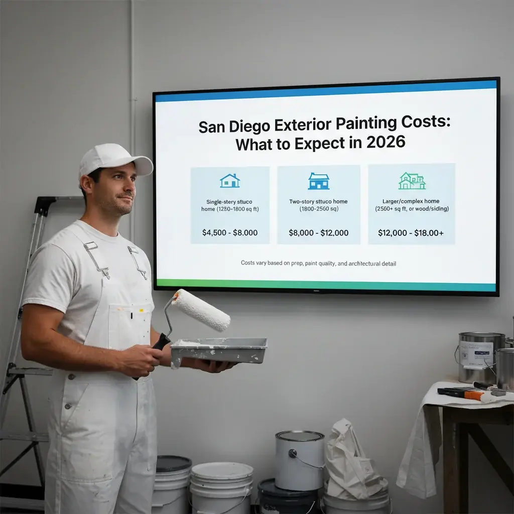 An infographic showing 2026 painting cost ranges for Mira Mesa homes by size.