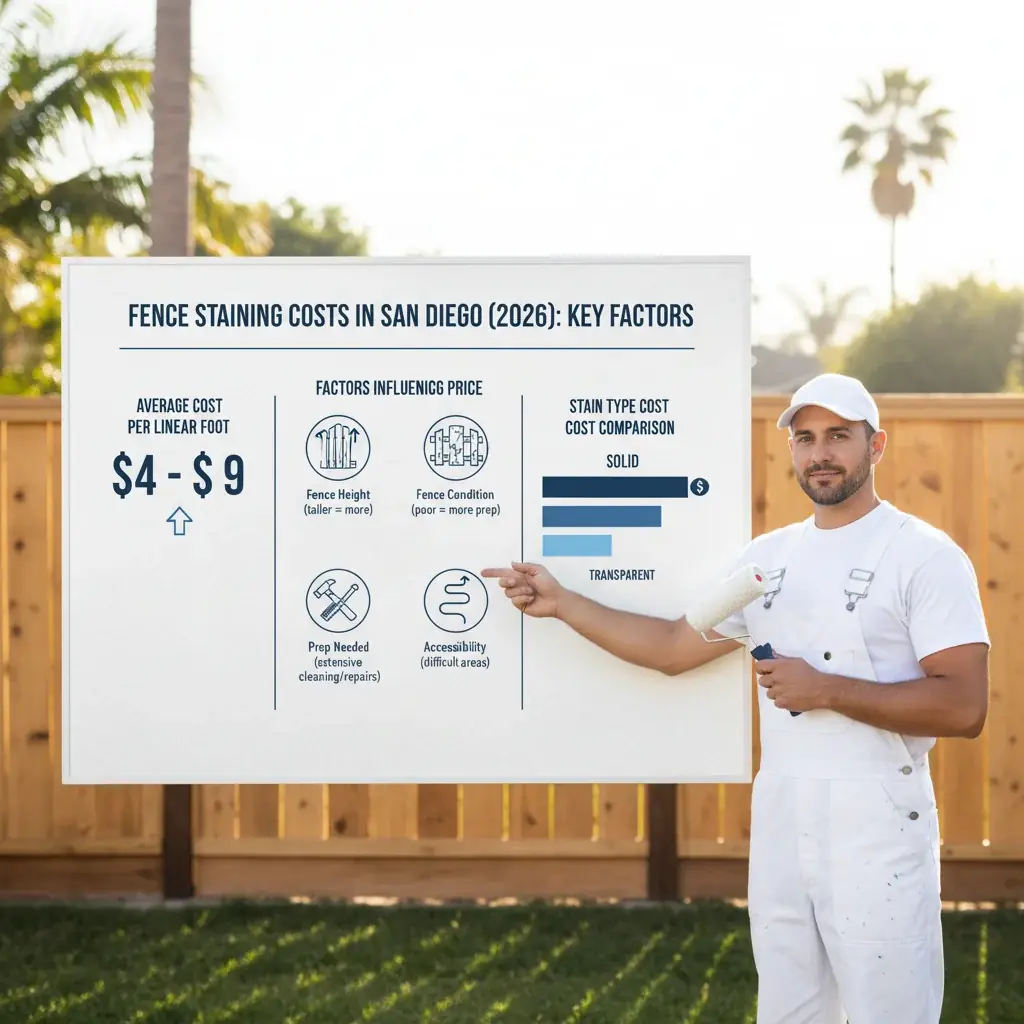 An infographic detailing the factors influencing fence staining costs in San Diego, including fence height, condition, and stain type comparisons.