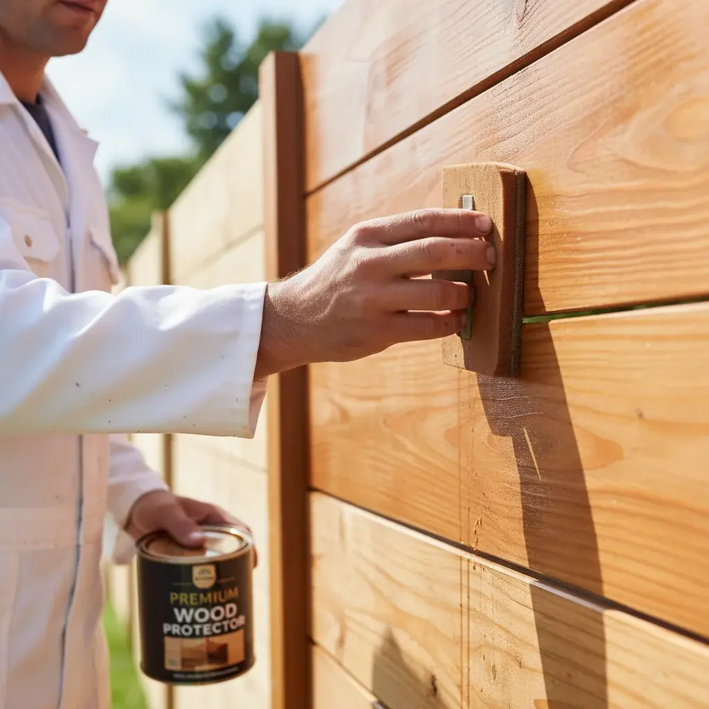 Painter applying semi-transparent stain to fence boards with a stain pad