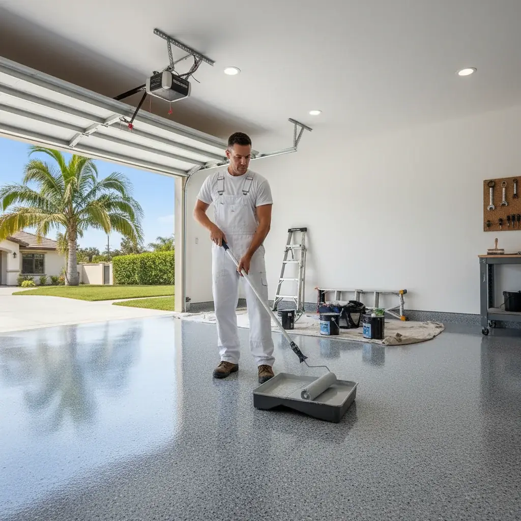 Freshly coated epoxy garage floor with full-broadcast flake finish in a two-car San Diego garage, overhead lighting reflecting off the glossy surface